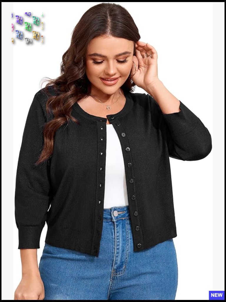 Plus Size Cardigan 3/4 Sleeve Crew Neck Button Down Knit Bolero Shrug